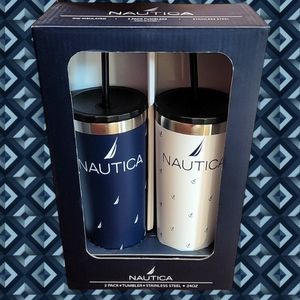 NIB NAUTICA 2 PACK 24 OZ STAINLESS STEEL DOUBLE WALL INSULATED TUMBLERS W/LIDS